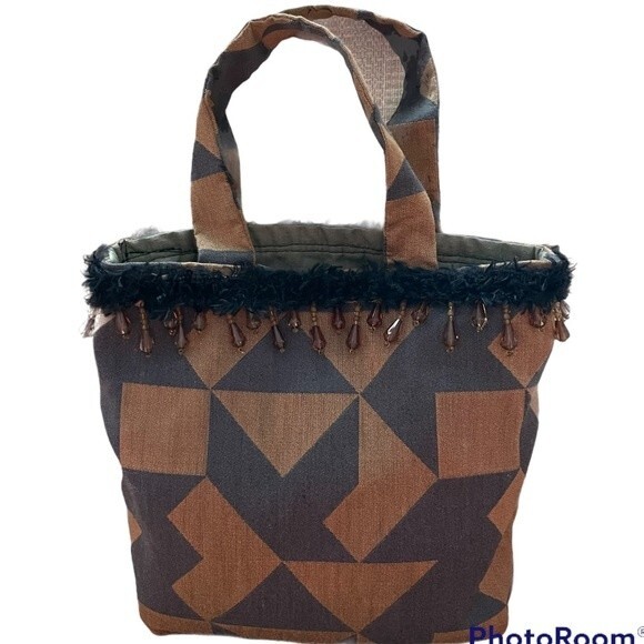 Mini Fabric Bucket Bag Beaded Trim Fringe - Picture 1 of 6